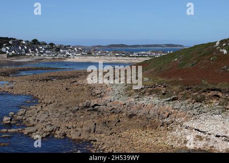Blick auf die Scilly Isles mit Blick auf Porthcressa Beach Stockfoto