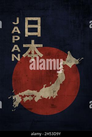 Roter Kreis Sonne aus Japan mit der Landkarte des Landes. Illustration mit Text in Japanisch. Lebendige Farbe und Textur mit Retro-Stil. Poster für affiche, Stockfoto