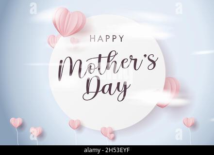 Mutter-Postkarte mit Papier fliegenden Elementen auf blauem Hintergrund mit Wolken. Stock Vektor