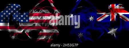 Vereinigte Staaten von Amerika gegen Australien, australische Rauchflaggen nebeneinander platziert Stockfoto