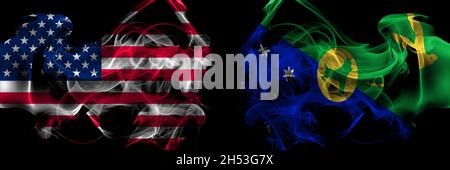 Vereinigte Staaten von Amerika gegen Australien, Australien, Weihnachtsinsel Rauchfahnen nebeneinander platziert Stockfoto