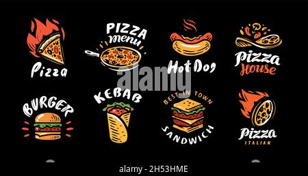 Fast Food Logo-Set. Abzeichen für Restaurant- oder Cafe-Menü. Pizza, Burger, Kebab, Sandwich, Hot Dog Stock Vektor