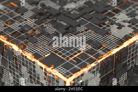 Würfel und Materialien, Schaltungen und Linien, 3d-Rendering. Digitale Zeichnung des Computers. Stockfoto