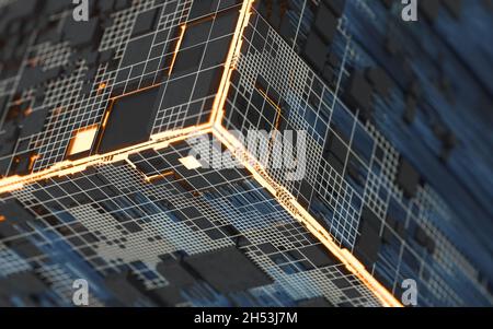 Würfel und Materialien, Schaltungen und Linien, 3d-Rendering. Digitale Zeichnung des Computers. Stockfoto