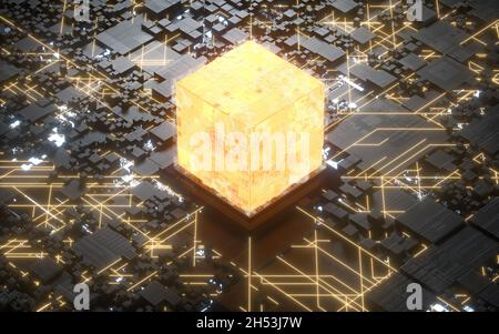 Würfel und Materialien, Schaltungen und Linien, 3d-Rendering. Digitale Zeichnung des Computers. Stockfoto