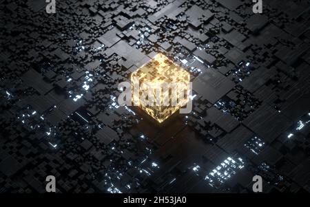 Würfel und Materialien, Schaltungen und Linien, 3d-Rendering. Digitale Zeichnung des Computers. Stockfoto