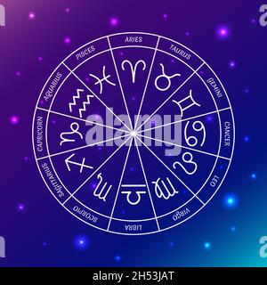 Sternkreis. Astrologie-Elemente auf Weltraumhintergrund mit leuchtenden Sternen. Tierkreiszeichen am Sternenhimmel. Vektorgrafik. Stock Vektor
