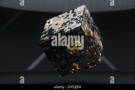 Würfel und Materialien mit dunklem Raum, 3d-Rendering. Digitale Zeichnung des Computers. Stockfoto