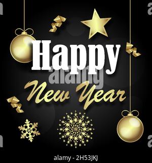 Vektor-Illustration des glücklichen neuen Jahres 2022 Verkauf Gold und schwarz Collors Platz für Text weihnachtskugeln 2023 Stock Vektor