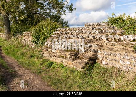 Ein Abschnitt des nördlichen Umfangs der zerstörten römischen Stadtmauer, der seinen Feuerstein- und Steinkern bei Silchester (Calleva Atrebatum) zeigt. Hampshire, Großbritannien Stockfoto