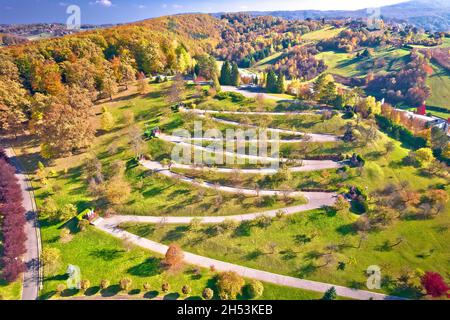 Marija Bistrica Heiligtum Golgota Hügel Luftbild, Wallfahrt Zagorje Region von Kroatien Stockfoto