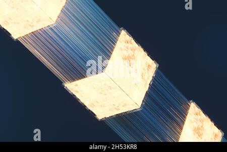 Leuchtende Würfel und Faserlinien, 3d-Rendering. Digitale Zeichnung des Computers. Stockfoto