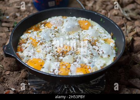 Shakshouka, ein traditionelles Gericht aus pochierten Eiern in Sauce aus Tomaten, Harissa, Olivenöl, Zwiebeln, Knoblauch und Gewürzen, In einer Pfanne im Freien gekocht Stockfoto