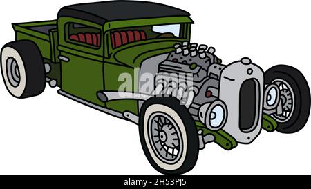 Die vektorisierte Handzeichnung eines lustigen grünen Hotrod-Trucks Stock Vektor