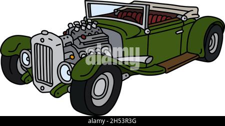 Die vektorisierte Handzeichnung eines lustigen grünen offenen Hotrods Stock Vektor