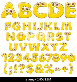 Gelbes Gelee-Alphabet, Buchstaben, Zahlen und Zeichen mit Augen. Isolierte farbige Vektorobjekte auf weißem Hintergrund. Stock Vektor