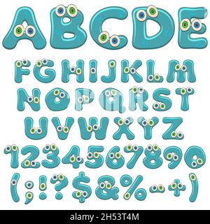 Gelee-Alphabet, Buchstaben, Zahlen und Zeichen mit Augen. Isolierte farbige Vektorobjekte auf weißem Hintergrund. Stock Vektor