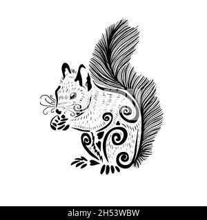 Eichhörnchen und Haselnuss Skizze Gravur Vektor-Illustration. T-Shirt-Druck im Bekleidungsdesign. Nachahmung der Rubbelplatte. Von Hand gezeichnetes Schwarz-Weiß-Bild. Stock Vektor