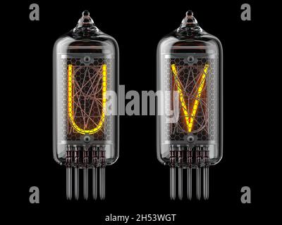 Nixie-Röhrenanzeige. Buchstaben U und V auf schwarzem Hintergrund. 3d-Illustration Stockfoto