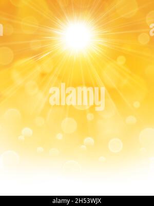 Sonnenstrahlen auf orangefarbenem und gelbem abstraktem Hintergrund. Ambiance Illustration von Sonnenenergie und Hitzewellen im Sommer. Stockfoto