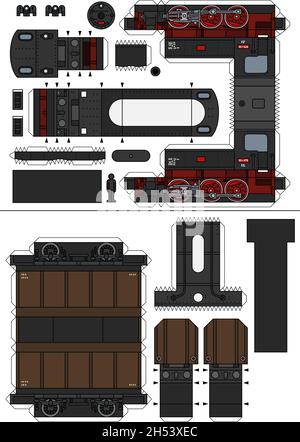 Das Papiermodell einer alten Dampflokomotive mit braunem Güterwagen Stock Vektor