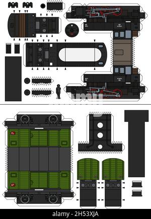 Das Papiermodell einer alten Dampflokomotive und eines grünen Güterwagens Stock Vektor