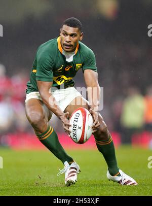 Der Südafrikaner Damian Willemse beim Spiel der Autumn Internationals im Fürstentum Stadium in Cardiff. Bilddatum: Samstag, 6. November 2021. Siehe PA Story RUGBYU Wales. Bildnachweis sollte lauten: David Davies/PA Wire. EINSCHRÄNKUNGEN: Die Nutzung unterliegt Einschränkungen. Nur redaktionelle Verwendung, keine kommerzielle Nutzung ohne vorherige Zustimmung des Rechteinhabers. Stockfoto