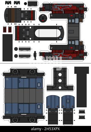 Das Papiermodell einer alten Dampflokomotive und eines blauen Güterwagens Stock Vektor