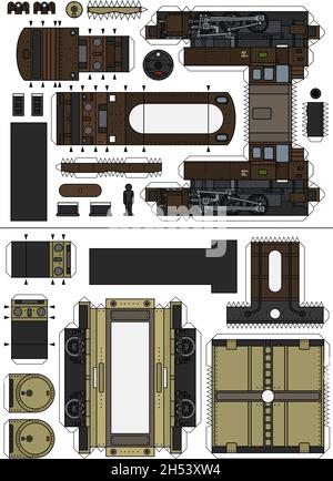 Das Papiermodell einer alten roten Dampflokomotive und eines Kesselwagens Stock Vektor