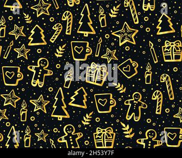 Handgezeichnetes nahtloses Muster für Weihnachten und Neujahr für Winterferien. Schöner Hintergrund mit winterlichen Elementen: Plätzchen, Kerzen, Tannen, Schneeflocken Stock Vektor