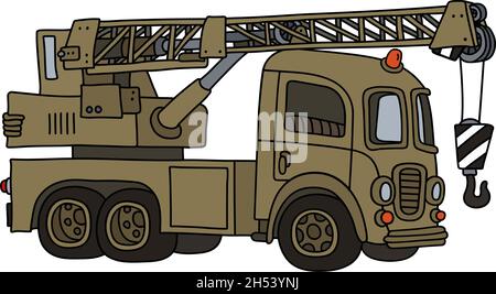 Die vektorisierte Handzeichnung eines lustigen Retro-Militär-LKW-Krans Stock Vektor