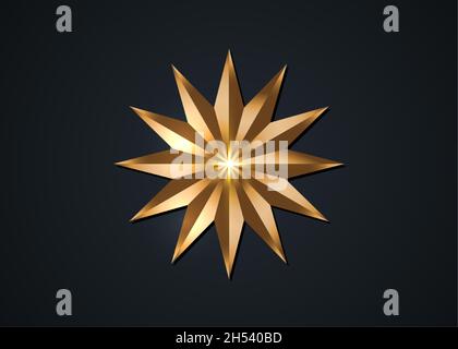 Zwölf spitze Sterne, goldenes Luxus-Kompassrose-Symbol. Clipart-Bild auf schwarzem Hintergrund isoliert Stock Vektor