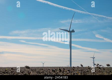 Windturbinen im offenen Gelände an windigen Tagen mit dunklen Wolken am Himmel. Alternative Stromerzeugung. Stockfoto