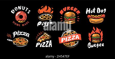 Set mit Lebensmittelkennzeichnung. Abzeichen für Restaurant- oder Cafe-Menü. Pizza, Burger, Hot Dog, Donut Stock Vektor