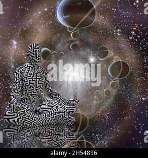 Meditation. Mann mit Labyrinthmustern in Lotuspose im tiefen Raum. Seele taucht aus hellem Licht auf. 3D-Rendering. Stockfoto