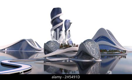 Futuristische Stadtsilhouette mit organischer Architektur, isoliert auf Weiß mit dem in der 3D-Illustration enthaltenen Schnittpfad, für Science-Fiction oder Stockfoto