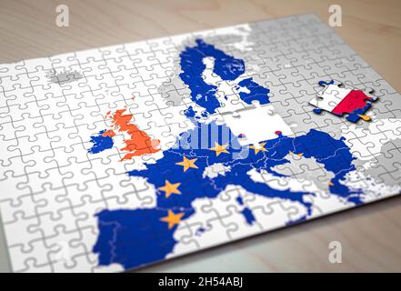 Puzzle der Karte der Europäischen Union mit den Teilen, die Polen entsprechen, herausgenommen. Polexit-Konzept. Stockfoto