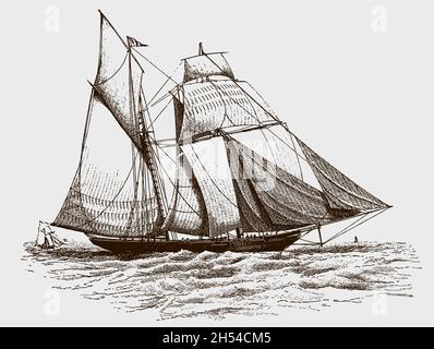 Topsail-Schoneryacht auf Wellenmeer, nach antiker Zeichnung aus dem 19. Jahrhundert Stock Vektor