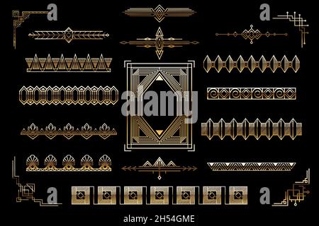 Set aus goldenen Art déco-Zierelementen. Rahmen, Trennwände und Rahmen. Stock Vektor