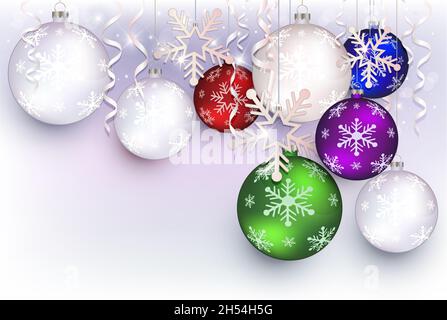 Frohe Weihnachten Grußkarte, Ball und Schneeflocken, Rastervorlage leer Stockfoto