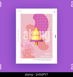 Vektor Weihnachten und Neujahr Weihnachtsgeschenk Poster mit realistischen Weihnachtsbaum. Leuchtend blaue, rosa und goldene Farben. Stock Vektor
