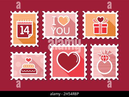Briefmarken zum Valentinstag. Vektorgrafik, romantische Elemente. Aufkleber, Abzeichen. Karte für Ehe und Hochzeit Stock Vektor