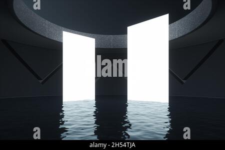 Wasseroberfläche mit leuchtenden Lichtern, 3d-Rendering. Digitale Zeichnung des Computers. Stockfoto