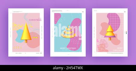 Set von Vektor Weihnachten und Neujahr Geschenk Poster mit realistischen Weihnachtsbaum. Leuchtend blaue, rosa und goldene Farben. Stock Vektor