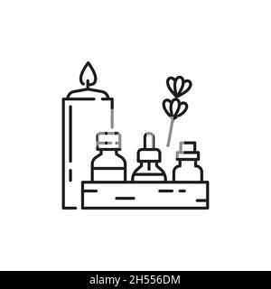 Beauty-Flaschen für Wellness-, Körper- und Gesichtskosmetik isolierte Umrisssymbole. Vector Linie Kunst brennende Kerze, Hautpflege und Massage-Produkte Mockup. Brennen Stock Vektor