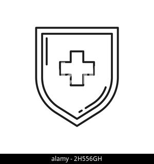 Abschirmung mit medizinischem Kreuz isoliertes Symbol mit dünner Linie. Vector Gesundheitsschutz, Gesundheitssicherheit, Sicherheitssystem, Versicherung. Virus, probiotisch, Laktobac Stock Vektor