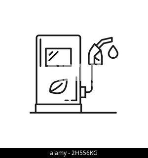 Symbol für grünen Biokraftstoff, Kraftstoffdüse und isolierte dünne Linien in der Kabine. Vector Station Service mit Biodizel-Füllung. Ladestation für Elektroauto, gre Stock Vektor