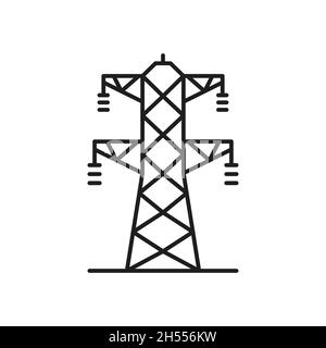 Symbol für isolierte dünne Leitungen für Gittermast und Freileitung. Vektor zwei Phasen Übertragung Türme Stromleitungen Umriss Zeichen. Strompylon-Struktur Stock Vektor