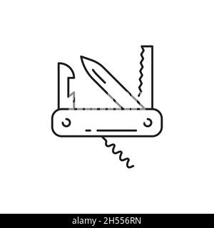 Schweizer Klappmesser isoliert dünne Linie Symbol. Vector Army Messer, multifunktionales Tascheninstrument, Camping- und Wanderausrüstung mit Schraube und Öffner, Stock Vektor