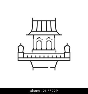 Altmodisches thailändisches Gebäude, isoliertes altes Straßenhaus mit Balkon, dünne Linien-Ikone. Vektor orientalisches Wahrzeichen, asiatische Struktur, Thai, Vietnam oder China Bogen Stock Vektor